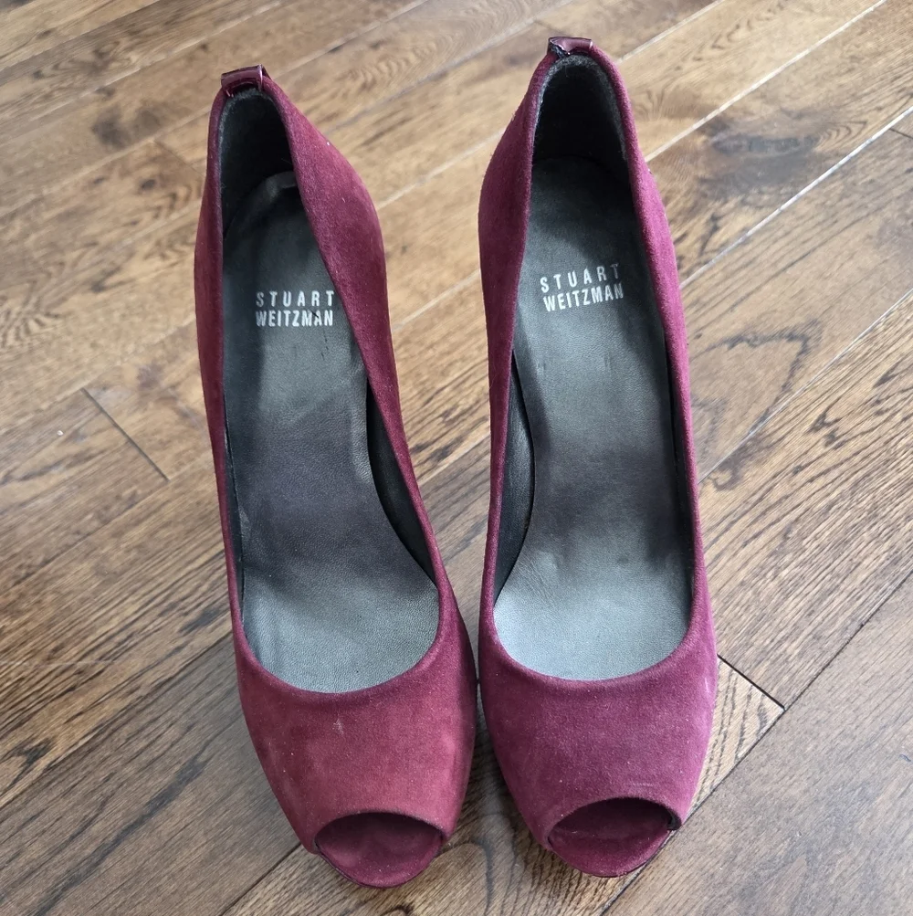 Stuart Weitzman Elegant Burgundy Peep-Toe Platform Heels Size 6 Made In Spain